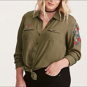 Torrid olive green embroidered floral twill button shirt